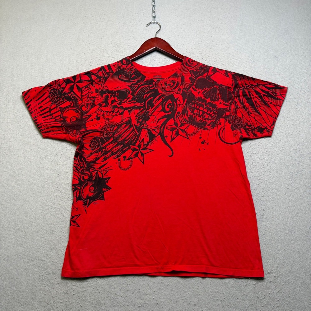 No Boundaries T-Shirt Men Large Red Skulls Roses Y2K Graphic Print Short Sleeve